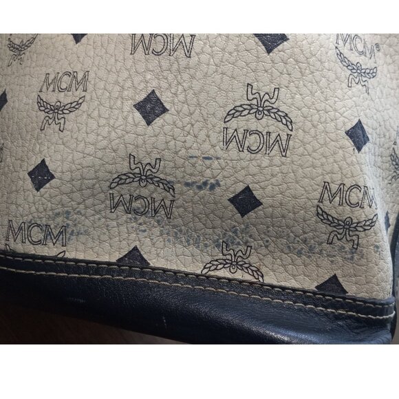 Vtg. MCM Drawstring Viestos Bucket Bag NAVY WHITE C7594 - Picture 12 of 16